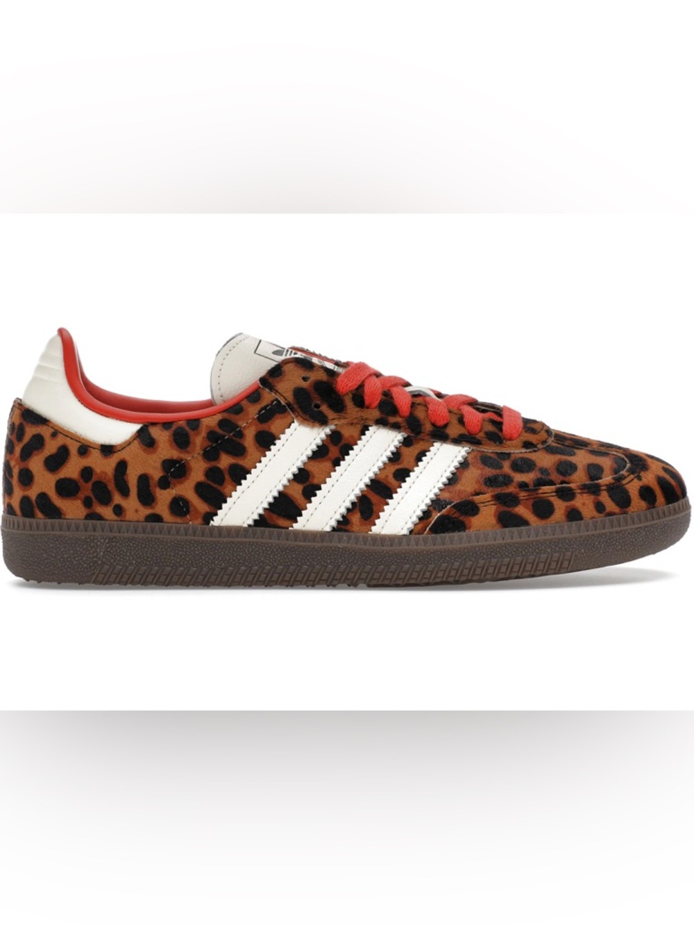 adidas Women's Leopard Print Gazelle Sneakers with White Stripes and Red Accents